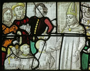 Fenster mit Darstellung des Heiligen Nikolaus, der drei Jungen rettet